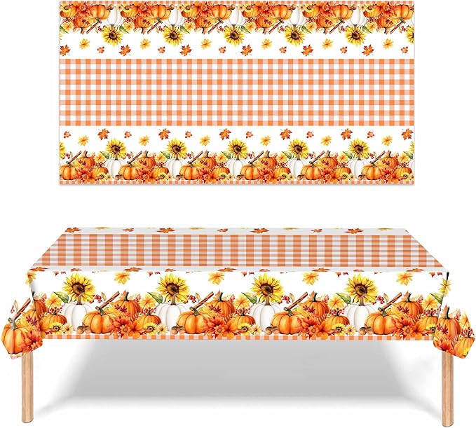 Fall Tablecloth, 2 Pack Thanksgiving Tablecloths Pumpkin Maple Leaves Plastic Table Cloth Disposable Rectangle Plaid Autumn Table Cover for Thanksgiving Day Party Decorations Tables Decor, 54x108 Inch