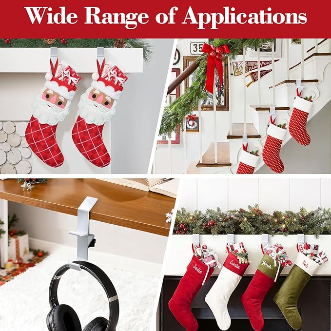 4 Pack Stocking Holders for Mantle for Christmas Decorations,2 in 1 Mantle Garland Holder for Hanging Christmas Stockings,No Drilling Required & Adjustable Garland Hanger, Metal(White)