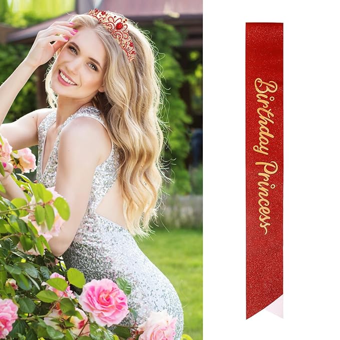 Velscrun Princess Crown, Tiara & Sash Set for Girls, Red, Wedding & Party Accessory