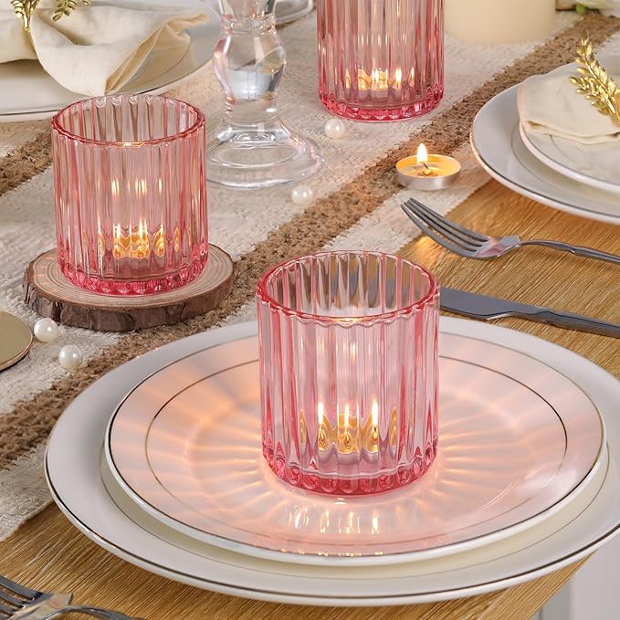 Pink Large Votive Candle Holder Set of 8, Tea Lights Candle Holders for Wedding Table Centerpieces. Boho Decor, Home Dinner Birthday Party Decor, Bridal Shower and Holiday Decorations
