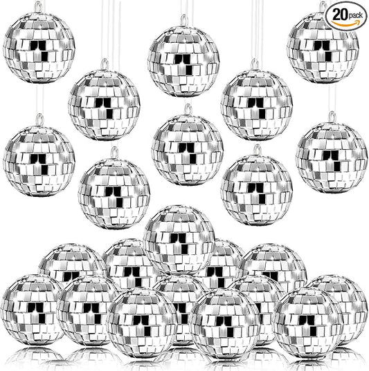 Mtlee 20 Pcs Disco Balls Decoration Mirror Disco Ball for Christmas Tree Flies Assorted Hanging Mini Glass Different Sizes Reflective with Rope for Halloween DIY Wedding Music Prom Props