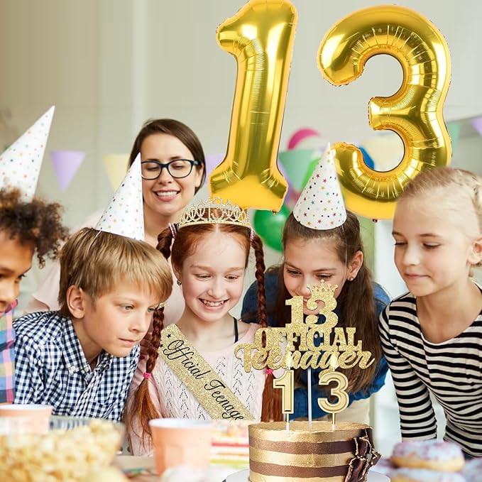 13th Birthday Decorations for Girls with 13th Birthday Crown, Official Teenager Sash, Candles and Cake Topper, Number Balloons, Teen Girl Gifts for 13 Year Old Girls