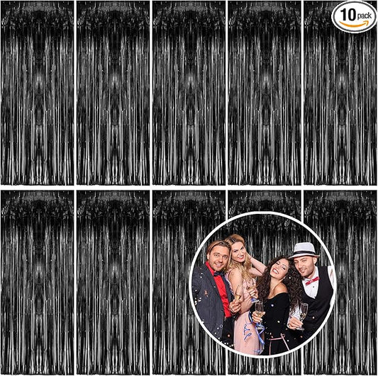 10 Pack Foil Curtain Backdrop Black Metallic Tinsel Foil Fringe Curtains Photo Booth Props for Birthday Wedding Engagement Baby Shower Bachelorette Christmas Holiday Celebration Party