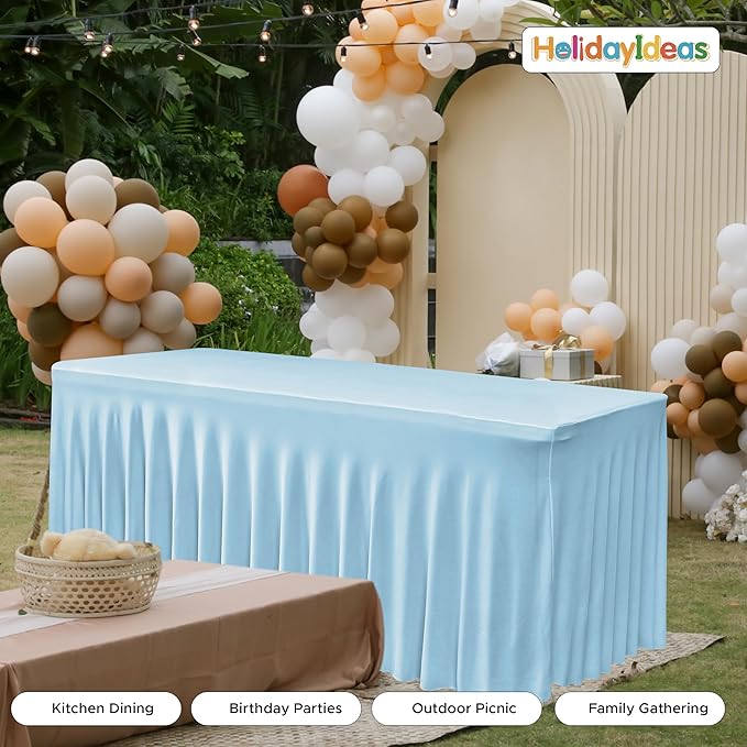HolidayIdeas 6 Pack 6ft Spandex Table Covers for Baby Shower, Fitted Stretch Table Skirts 30x72 Inch, Wrinkle-Free Floor Length Tablecloths for Weddings, Banquets Events, Baby Blue