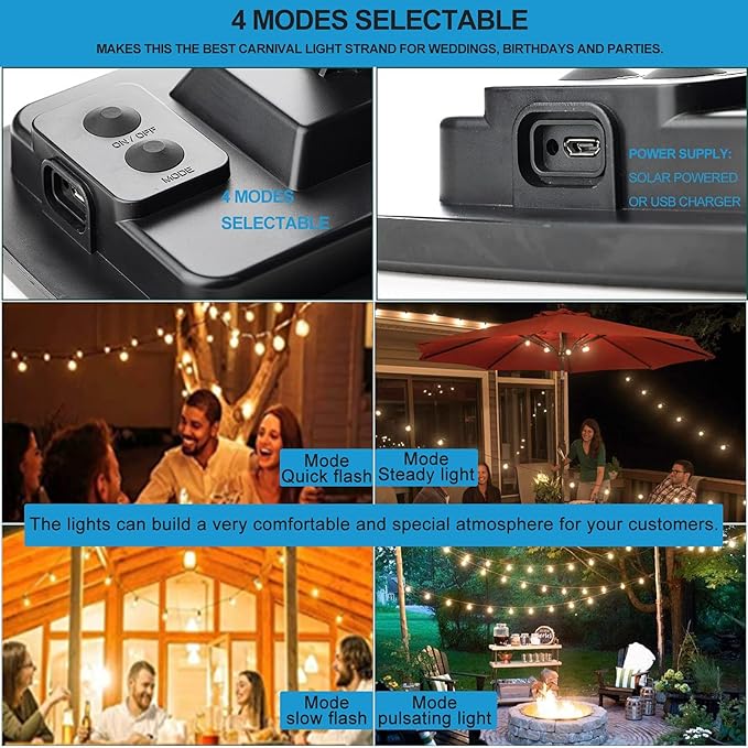 Lightdot 48FT Solar Outdoor String Lights, Waterproof Cafe Patio Lights with Shatterproof LED Bulbs, 2700K Warm White, Create Bistro Ambience On Your Garden Gazebo Backyard Decorative