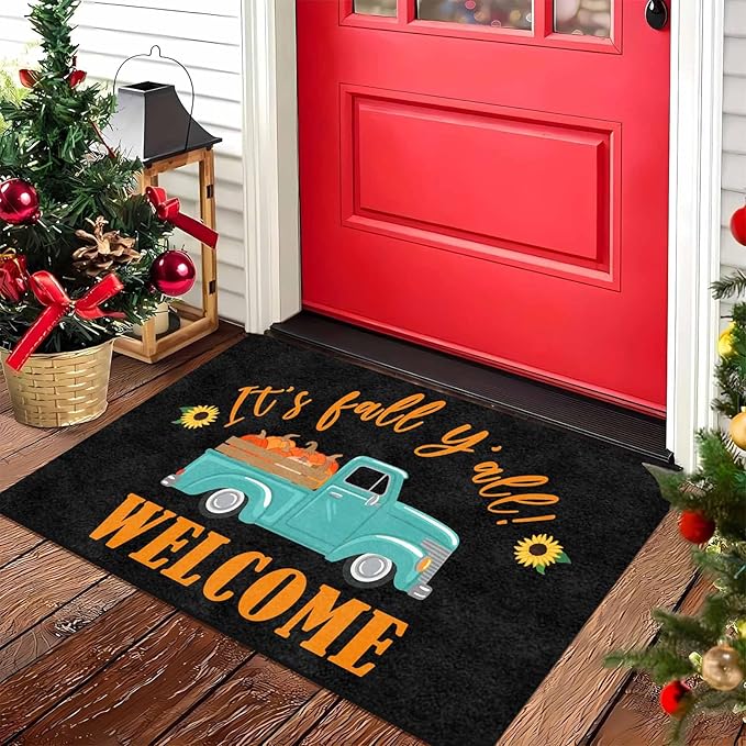 Fall Welcome Maple Leafs Decorative Door Mat, Autumn Thanksgiving Doormat for Indoor Outdoor Entrance Floor Mats,Fall Pumpkins Non Slip Harvest Vintage Decor Rubber Welcome Mats 30" x 18" Inch