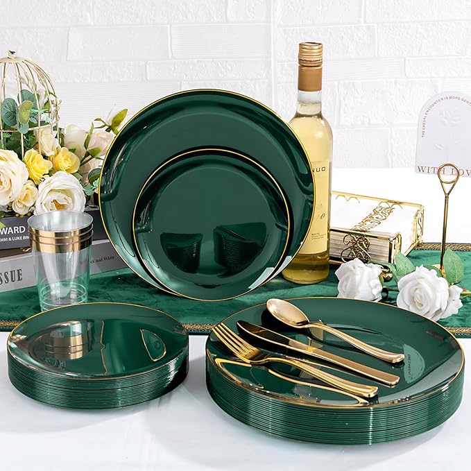 YOUBET 175PCS Green Plastic Plates - Green and Gold Disposable Plates Include 50 Plate, 75 Silverware, 25 Cups, 25 Napkins for Wedding & Party & Christmas