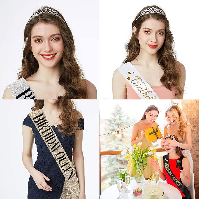 7th Birthday Party Set - Glitter Sash, Tiara Crown, and Decorations for Girls, Gold