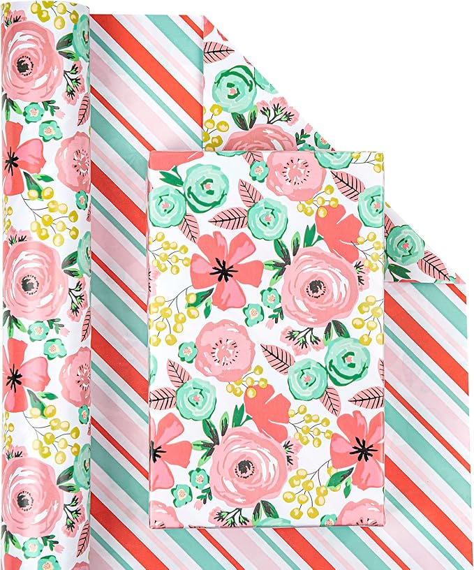 WRAPAHOLIC Reversible Floral Wrapping Paper - Mini Roll - 17 Inch X 33 Feet - Peach Pink Floral Design for Birthday, Mother's Day, Wedding, Baby Shower