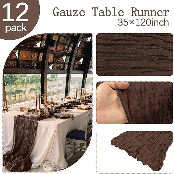 12 Pack Brown Cheesecloth Table Runner 10FT Boho Gauze Fabric Table Runner 35 x 120 Inch Rustic for Fall Thanksgiving Wedding Decor Baby Shower Party Boho Holiday Decoration