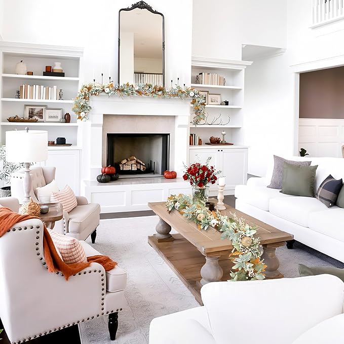 Fall Mantel Garland Decor for Home - 6 Ft Autumn Leaves Table Garlands with Lights Decorations for Thanksgiving and Halloween Leaf Centerpieces for Bedroom Tables Stair Porch Outdoor Farmhouse