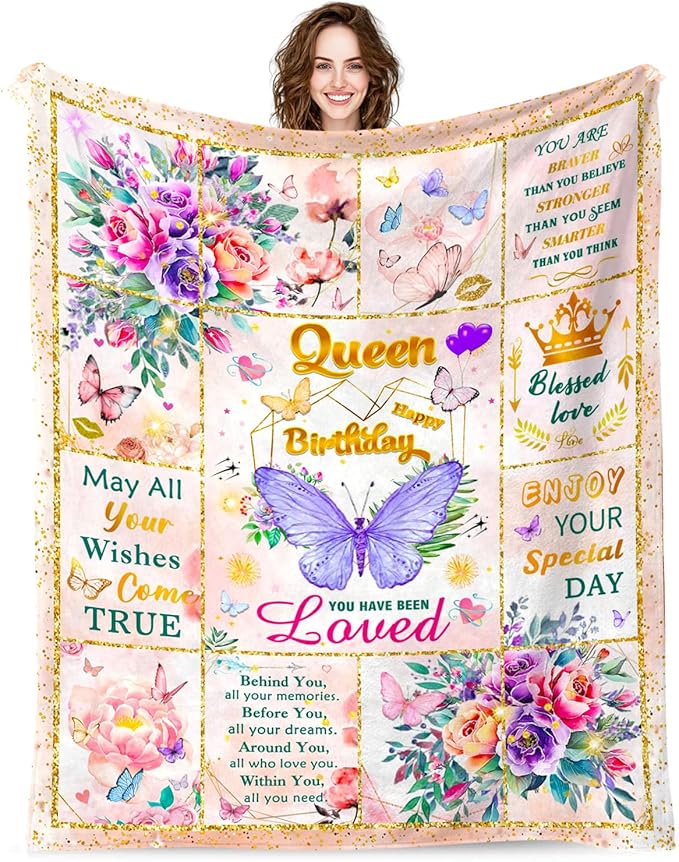 Happy Birthday Gifts for Women, Super Soft Funny Purple Butterfly Flower Bday Decorations Blanket 50"x40" for Women Mom, Birthday Gifts for Girls, Warm Plush Fleece Flannel Blanket for Couch Bedding