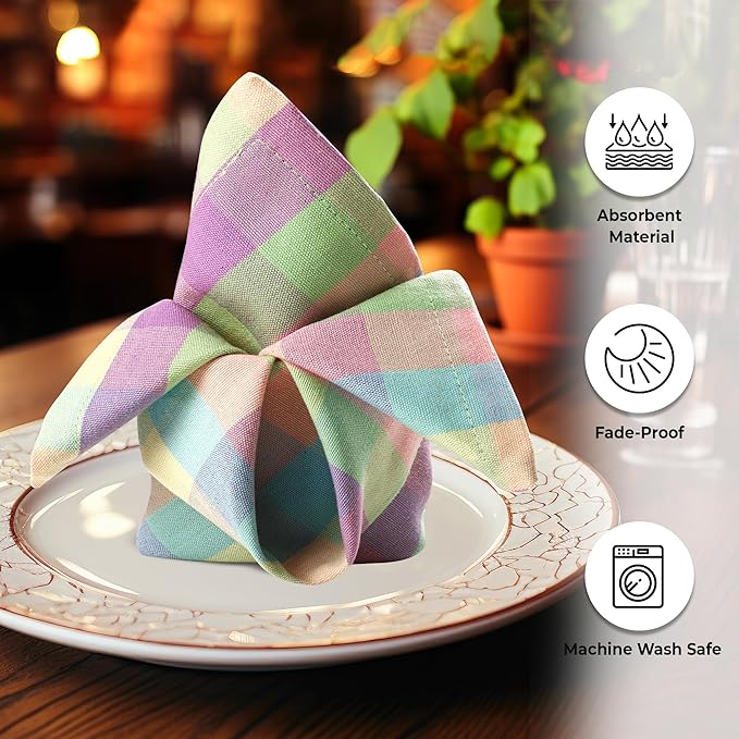 Urban Villa Easter Cloth Napkins (Set of 12)100% Cotton Highly Absorbent Dinner Napkins 20x20 Inches Soft Durable Reusable Washable Easter Checks Table Dinner Napkins for Home Parties Wedding Napkins