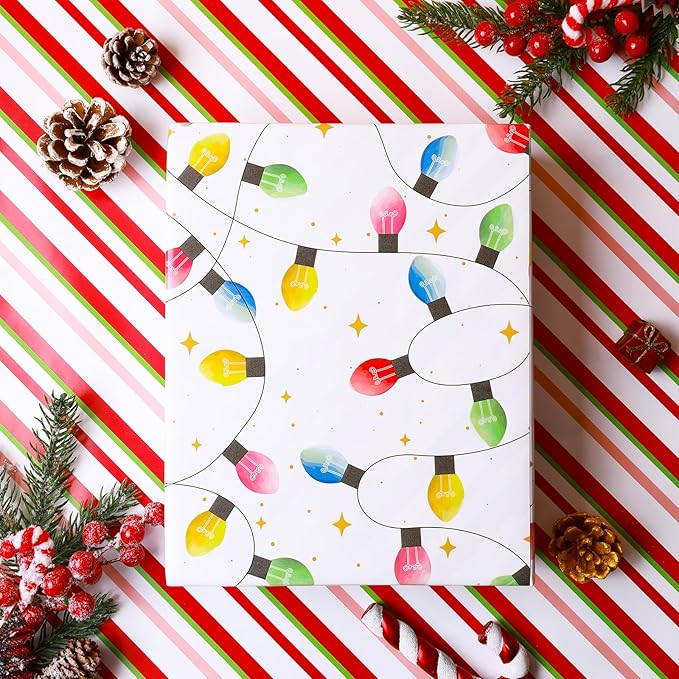 LaRibbons Reversible Vintage Christmas Wrapping Paper Roll, Classic Christmas Light & Stripe Gift Wrap for Holiday, Xmas Party Celebration, 17 Inch × 33 Feet