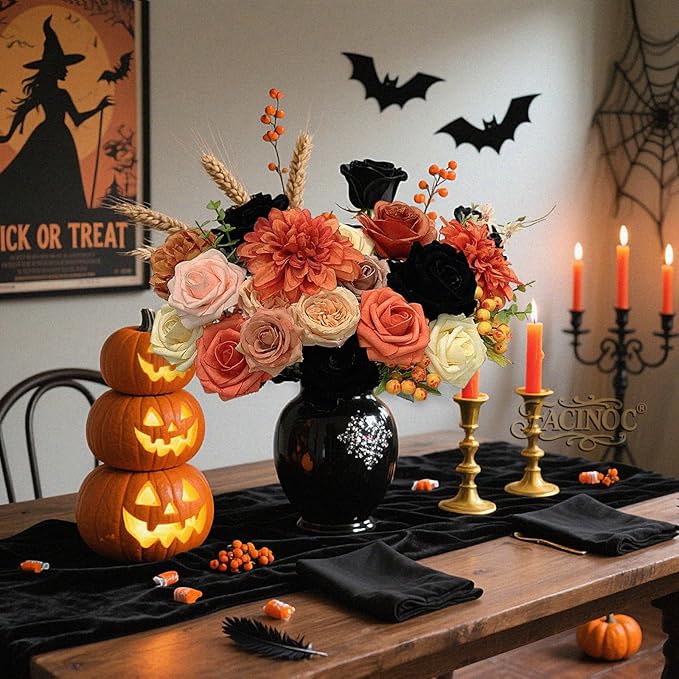 Roses Artificial Flowers Fall Orange Black Bouquet Box Set for DIY Halloween Wreath Autumn Wedding Bridal Shower Decorations Party Table Centerpieces Fake Floral Arrangement Home Decor Indoor
