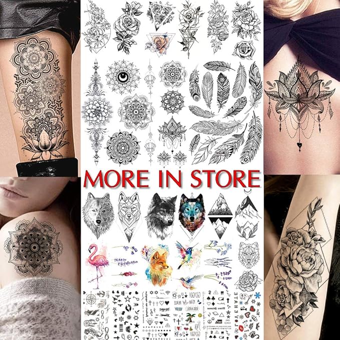 COKTAK 6 Pieces/Lot 3D Realistic Large Black Rose Flower Temporary Tattoos For Women Body Art Arm Big Peony Geometric Tattoo Stickers Adults Fake Waterproof Tatoo Legs Sketch Sexy Girl Peach Lily