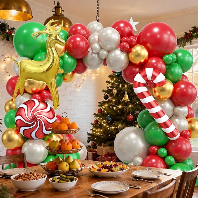 Christmas Balloon Arch Kit, Christma Green Red Sand White Gold Balloons, Candy Crutch Deer Foil Ballons for MerryChristmas Party Decorations Xmas Party Supply Birthday,Baby Shower