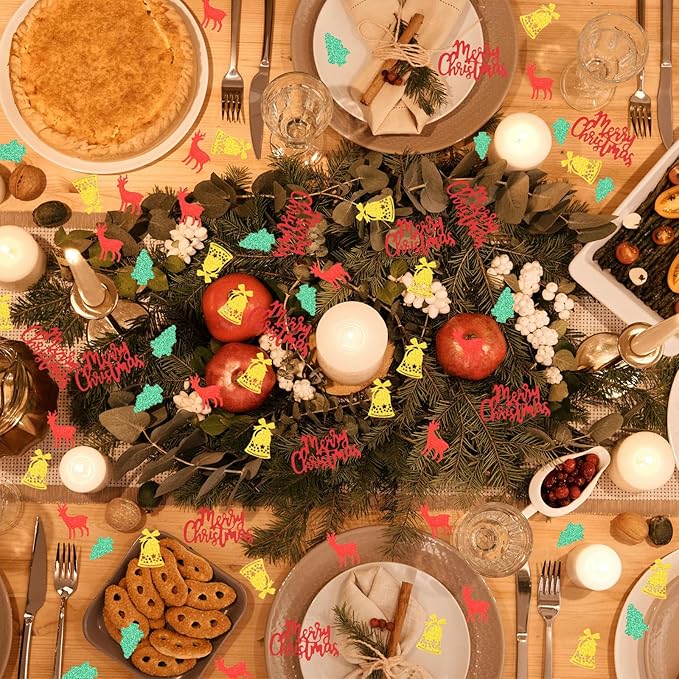 VHUWE Christmas Confetti, 200 Pcs Glitter Gold Bell Red Elk Green Tree Red MerryChristmas for Christmas Table Centerpiece Decorations Birthday Winter Holiday Party Décor - Glitter Paper