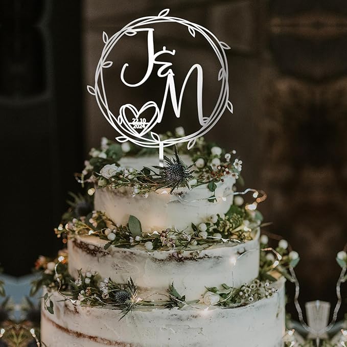 Personalized Initials Wedding Cake Topper in Acrylic Custom Wedding Anniversary Date Cake Topper Cake Decoration (Design 06)