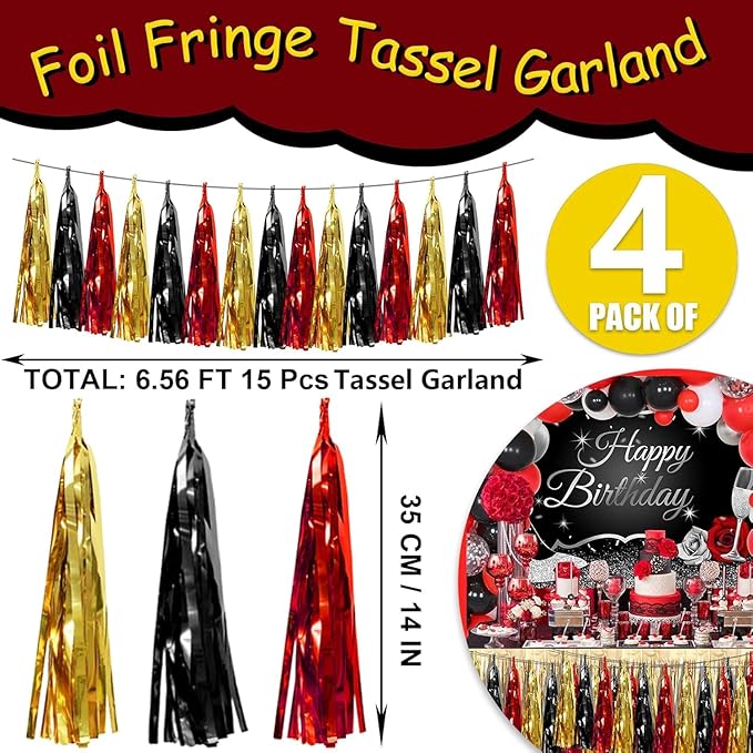 4P Red-Black Gold Foil Fringe Tassel Banner Garland Metallic Tinsel Streamers Wall Hanging Curtain Backdrop Banners for Parade Floats, 2025 Graduation Decorations, Baby Bridal Shower Party Decoration