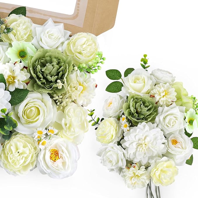 AmyHomie Green White Artificial Flowers Combo Silk Mix Peony Rose Fake Flowers w/Stem for DIY Wedding Bouquets Centerpieces Arrangements Table Fall Decor Party Bridal Baby Shower Home Decorations