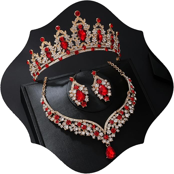 Tiaras and Crowns for Women,Tiaras Earrings Necklace, Crystal Bridal Jewelry Set (Red)