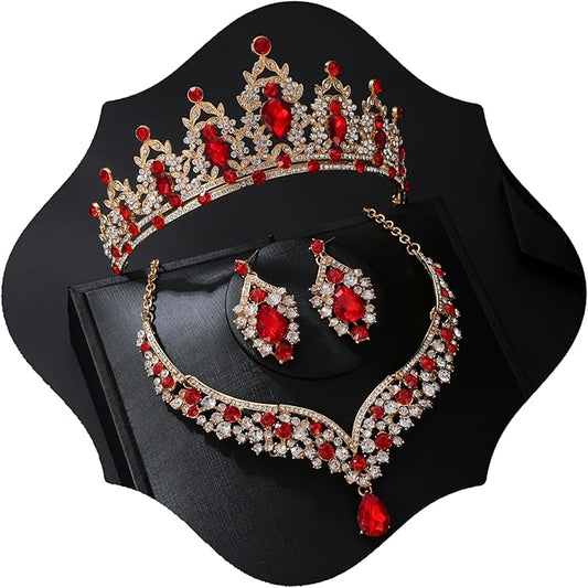 Tiaras and Crowns for Women,Tiaras Earrings Necklace, Crystal Bridal Jewelry Set (Red)