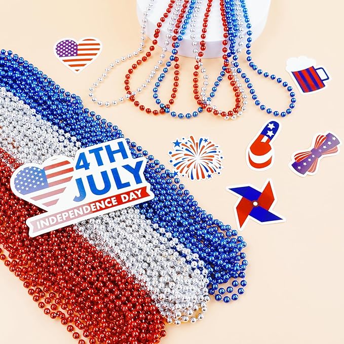 102 PCS Patriotic Bead Necklaces, 4th of July Beads Necklaces Bulk 4th of July Accessories 33 Inch Metallic Red/Silver/Blue Beaded Necklaces for Patriotic Day, Carnival Party Favor