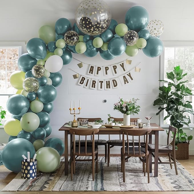 Sage Green and Blue Balloon Arch Kit, 120 PCS Dusty Green Blue Gold Olive Green Slate Blue Beige Sand Gold Balloon Garland for Women Men Boho Birthday Baby Bridal Shower Party Decorations