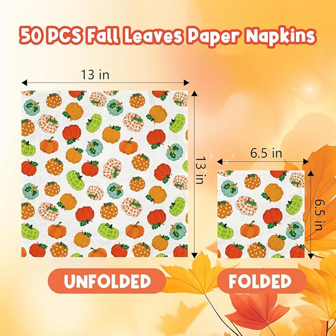 YQUQWN 50 PCS Thanksgiving Pumpkin Paper Napkins Disposable Luncheon Autumn Decorative Napkin Fall Harvest Thanksgiving Friendsgiving Table Decor Party Supplies 6.5 x 6.5 Inch