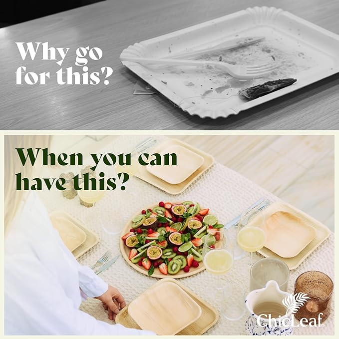 Chic Leaf All Natural Compostable & Disposable Rectangular 12" x 7" Palm Leaf Trays for Events, Parties, Charcuterie, Catering & Weddings - Disposable Plates Party Supplies (25 pc)