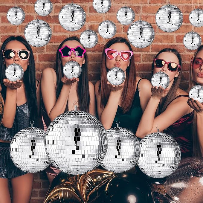 Sumind 25 Pcs Disco Balls Decoration Mirror Disco Balls Silver Hanging Decorations Reflective Dance and Music Festivals for DIY Halloween Christmas Stage Hall Prop (3.2'' 4'' 6'' 8'')