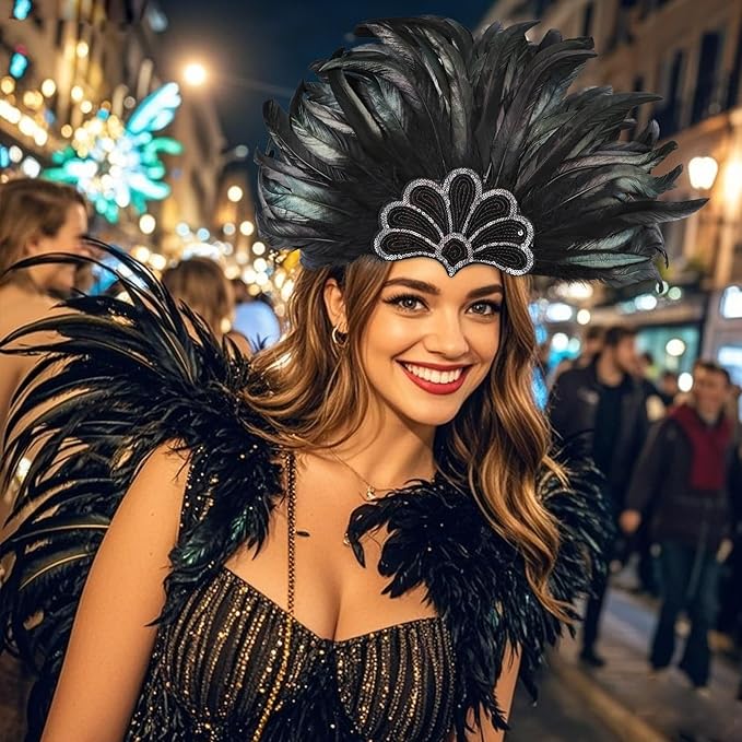 Women's Carnival Feather Headpieces Sequin Headdress for Wedding Masquerade Party Cosplay Feather Headbands