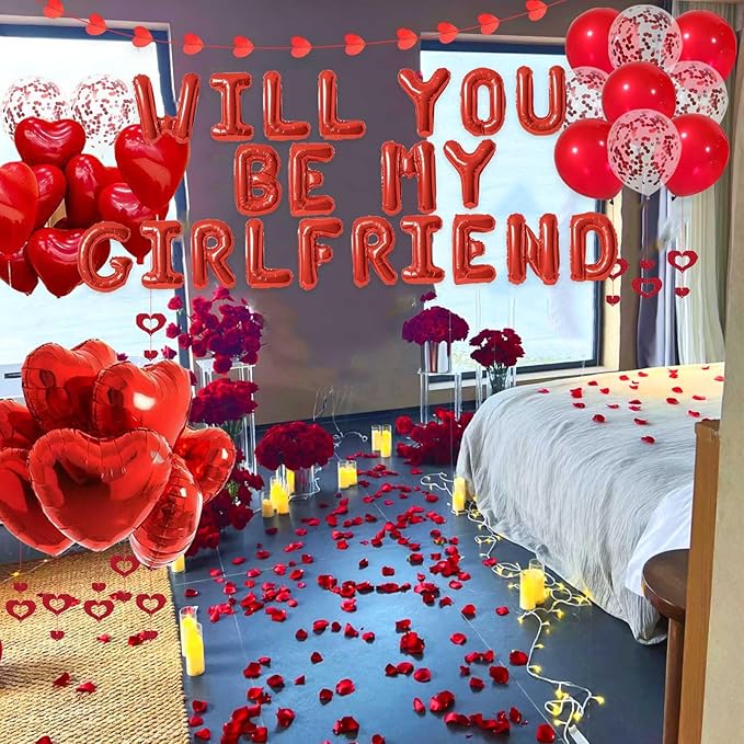 Valentine's Day Decorations Red Will You Be My Girlfriend Balloons - 2000pcs Red Artificial Rose Petals 16" Letter Balloons 18" Foil Latex balloon 20 heart balloon Hanging Swirls Heart Banner