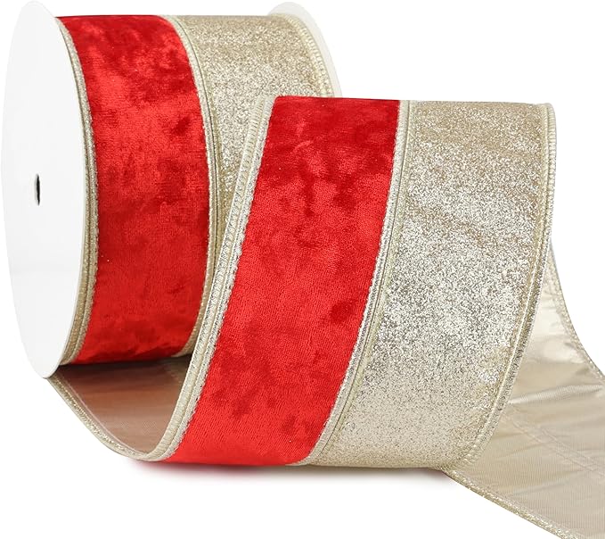Red Velvet Wired Christmas Ribbon 4 Inch Extra Wide Thick Red and Gold Glitter Holiday Ribbon – 10-Yards Roll for Tree Decorations, Gift Wrapping, Wreaths, and DIY Crafts