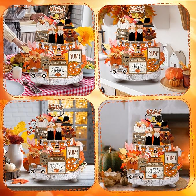 21 Pcs Thanksgiving Tiered Tray Decoration Set Fall Thanksgiving Table Sign Turkey Pumpkins Farmhouse Decor Gnome Maple Leaves Centerpieces Harvest Wood Blocks Tabletop Signs for Autumn