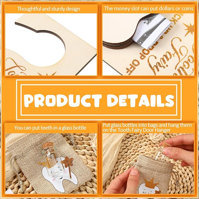 Tooth Fairy Holder Bag Hanger with Money Slot Keepsake Bottle Velvet Pouch Tooth Fairy Box Encourage Gift for Lost Teeth Boy Girl Milk(Classic,Light Brown)