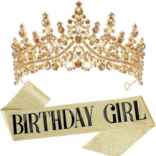 VELSCRUN Birthday Tiara Crowns for Women Girls Crystal Birthday Girl Headband Sash Elegant Princess Crown Happy Birth Party Decorations Women Sisters Birth Gift Hair Accessories