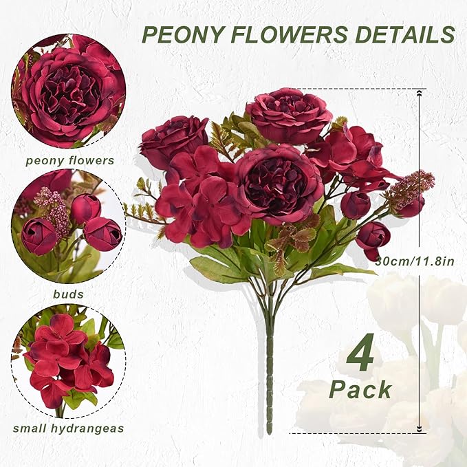 MARTINE MALL 4 Packs Peonies Artificial Flowers, Burgundy Artificial Peonies, Silk Peonies Flowers Fake Peonies Artificial Flowers Peonies Bouquet for Halloween Centerpiece Table Wedding Home Decor