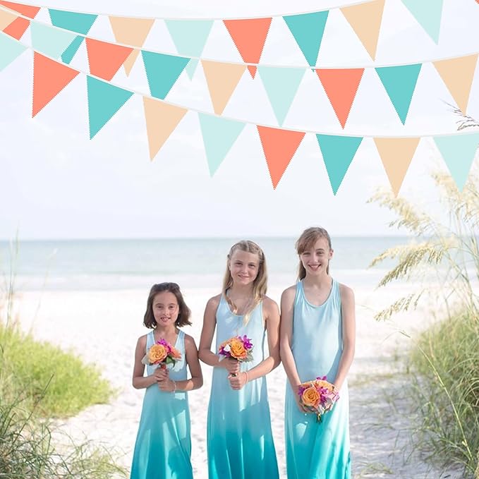 32Ft Orange Green Party Decorations Teal Blue Orange Triangle Banner Flag Pennant Fabric Garland Streamers for Summer Birthday Baby Shower Summer Tropical Hawaii Luau Tiki Magic Party Decor Supplies