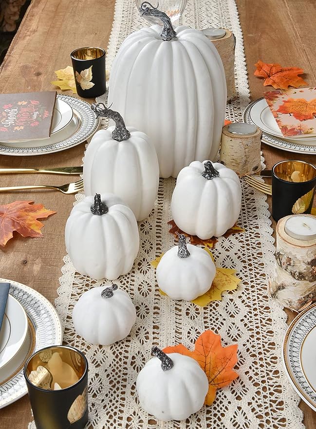 Lvydec 7pc Assorted Size White Pumpkins Craft Pumpkins for Halloween Thanksgiving Autumn Festive Party Supplies