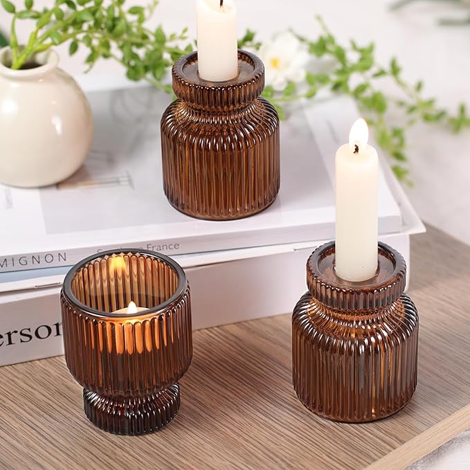 DARJEN 12 Pcs Glass Candlestick Holders- Amber Taper Candlestick Holders Tealight Votive Candle Holders for Table Centerpieces, Wedding, Dinner Party, Home Decor