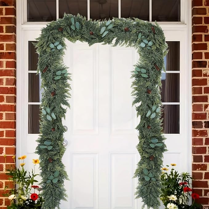 6FT Norfolk Pine Garland, Cedar Garlands with Eucalyptus,Artificial Pine Garland Christmas Decorations for Mantle Fireplace Outdoor Staircase