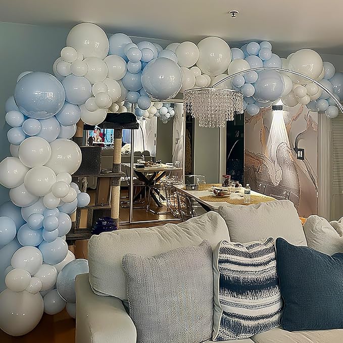 Pastel Blue White Balloons Garland Arch Kit, 104PCS Double Stuffed Pearl White Balloons, Light Baby Blue Clear Balloon for Bridal Shower Baby Birthday Bachelorette Wedding Engagement Party Decorations