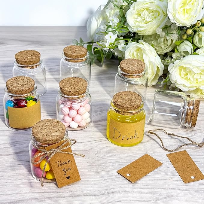 OurWarm 12 Pack Mini Jars with Lids, 1.7OZ Small Glass Bottles with Cork Tag Label and Twine, Versatile Small Glass Jars for Candy Potion Spice DIY Crafts Gift Birthday Wedding Party Decorations