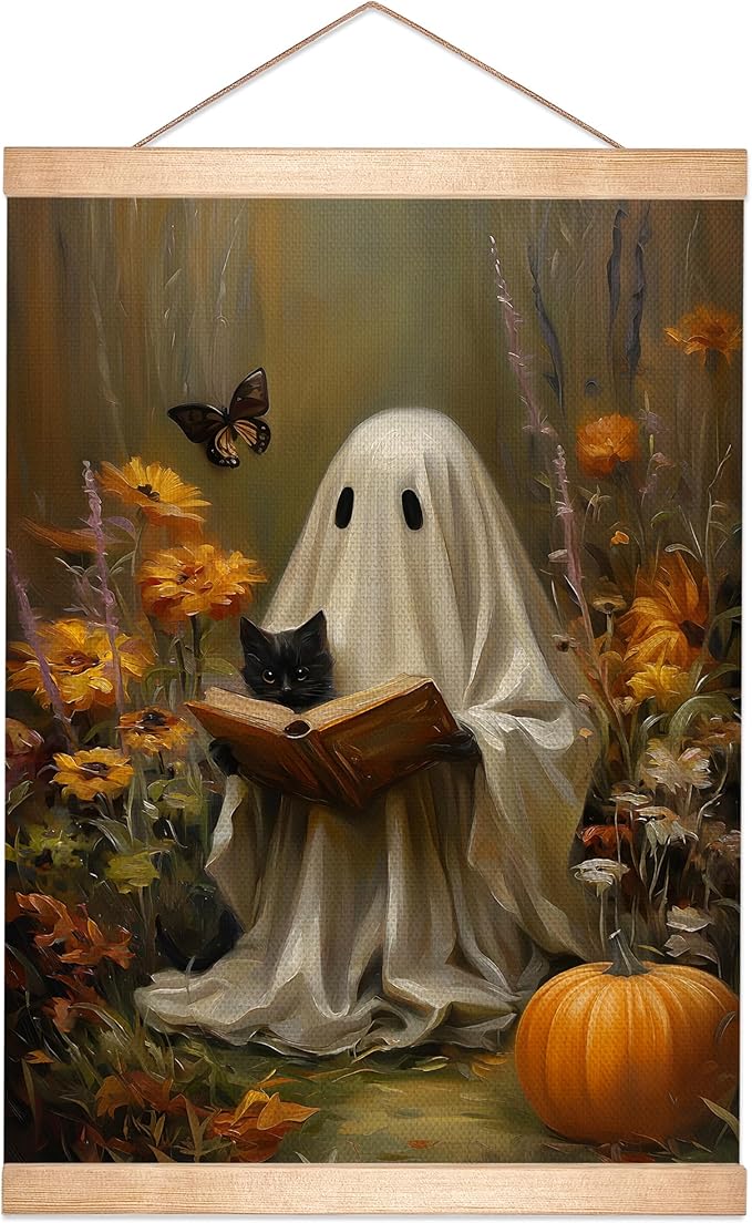 Rustic Ghost and Black Cat Reading Book Wall Art 18.5x14 Inch,Fun Ghost Linen Canvas Wall Hanging Poster Decor, Retro Gothic Haunted House Theme Wall Poster for Library Reading Corner,Halloween Decorations(BLK06)