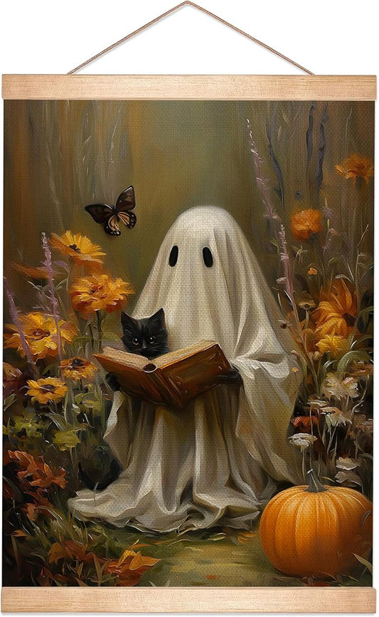 Rustic Ghost and Black Cat Reading Book Wall Art 18.5x14 Inch,Fun Ghost Linen Canvas Wall Hanging Poster Decor, Retro Gothic Haunted House Theme Wall Poster for Library Reading Corner,Halloween Decorations(BLK06)