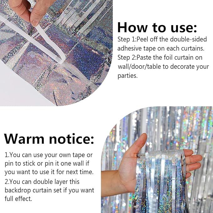2 Packs 3.2ft x 6.6ft Silver Multicolor Tinsel Foil Fringe Curtains Photo Booth Props for Engagement Bridal Shower Bachelorette Baby Shower Bachelorette Holiday Celebration Party Decorations