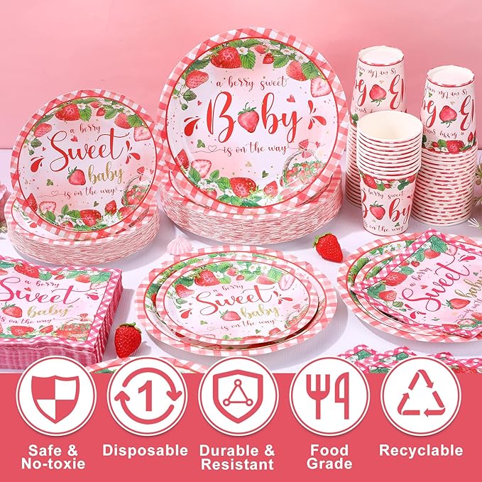 250 Pcs Strawberry Baby Shower Party Supplies for Girls Strawberry Paper Plates Napkins and Cups Party Tableware Set A Berry Sweet Baby Is on The Way Berry Shortcake Decorations, Serves 50