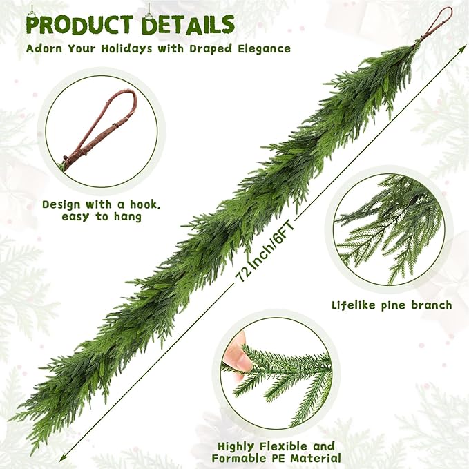 2Pcs 6FT Christmas Norfolk Pine Garland, Realistic Artificial Pine Garland, Real Touch Faux Greenery Christmas Garland for Table, Mantle, Winter Holiday Christmas Decorations Indoor Outdoor